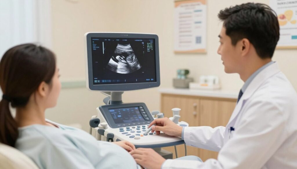 A detailed and informative illustration showing the concept of "crown-rump length" (CRL) measurement during pregnancy. In the foreground, a medical professional in a lab coat, with a warm and approachable expression, is using an ultrasound machine to examine a pregnant patient. The patient is relaxed, dressed in a modest hospital gown, and the ultrasound screen displays a clear image of a developing fetus. In the middle ground, a soft-focus view of a cozy clinical setting with medical charts and a calming color palette, enhancing the reassuring atmosphere. The background is subtly blurred to maintain focus on the interaction between the professional and the patient. Use soft, natural lighting to create a welcoming and informative mood, emphasizing the importance of CRL in prenatal care.