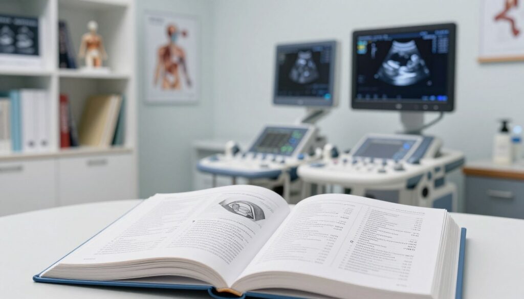 A detailed and organized visual representation of an ultrasonography abbreviation dictionary. In the foreground, a sleek, open medical textbook with clear illustrations and diagrams related to ultrasound abbreviations, prominently featuring "USG" and other related terms. In the middle, a softly illuminated clinical workspace with medical instruments like an ultrasound machine, displaying a screen with abstract anatomical images. In the background, blurred shelves lined with medical books, radiology posters, and anatomical models, creating an informative ambiance. The lighting is bright but soft, conveying a professional and educational mood. The overall atmosphere should feel scholarly and focused on the advancement of prenatal care through ultrasound technology, ensuring the absence of any text or overlays in the image.