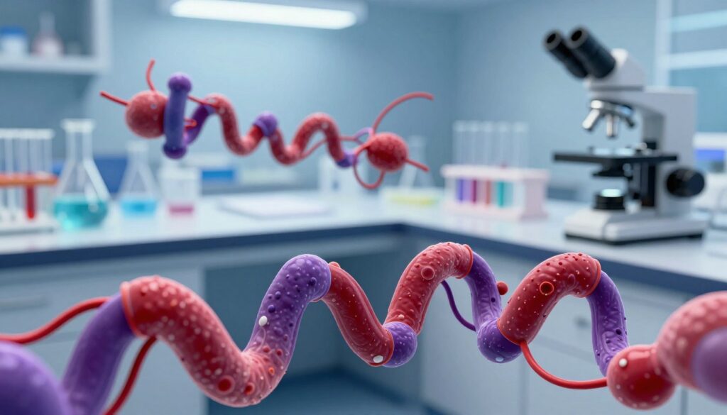 A detailed and scientific illustration of a hemoglobin molecule, highlighting its complex structure and intricate arrangements of iron and globin chains. In the foreground, depict close-up views of the hemoglobin protein, showcasing its 3D helical formation and heme groups using vibrant colors like deep red and purple to symbolize oxygen transport. The middle layer should incorporate a laboratory setting with scientific equipment, such as test tubes and microscopes, suggesting a diagnostic investigation. In the background, atmospheric lighting creates a clinical and precise environment, with soft shadows to enhance depth. The composition is focused and technical, evoking a sense of curiosity and professionalism suitable for a scientific article.