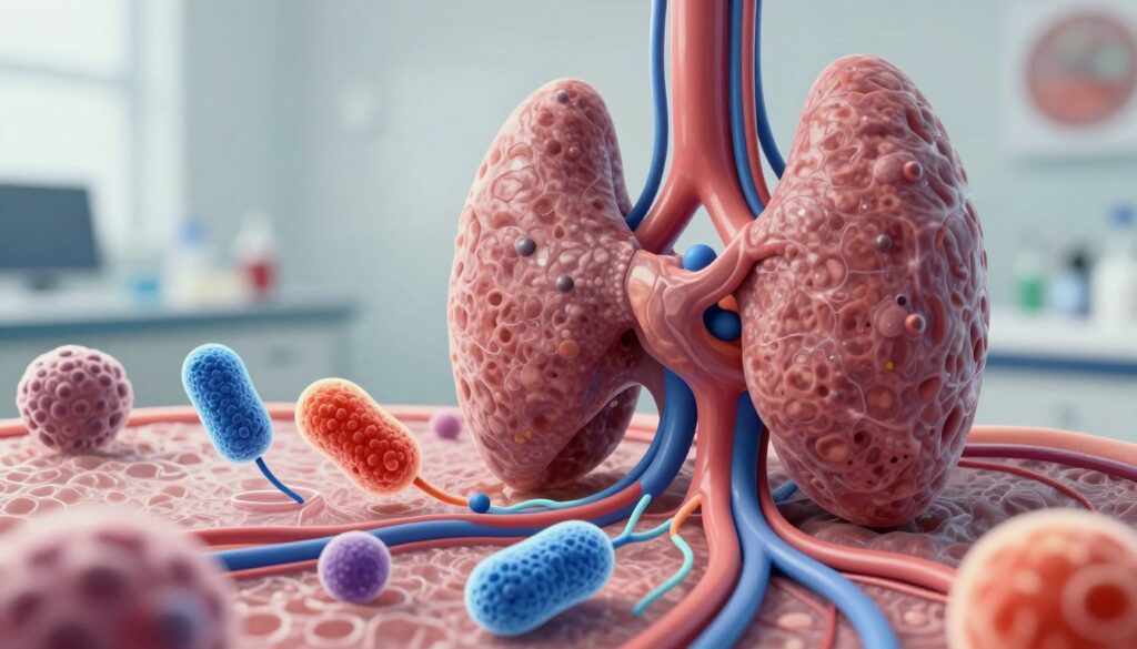 A detailed and scientifically accurate illustration of the immune system's role in thyroid health, featuring a close-up view of thyroid tissue surrounded by immune cells. In the foreground, include vibrant lymphocytes and antibodies, depicted in action, interacting with the thyroid gland's follicles. The middle ground should showcase the thyroid organ itself, detailed with its lobes, and an intricate network of blood vessels. The background can be soft and slightly blurred to evoke a medical laboratory setting with muted colors, emphasizing clarity and focus on the thyroid. Bright, natural lighting enhances the colors and details, while a slight depth of field draws the eye to the interactions. The mood is informative and clinical, suitable for a medical audience.