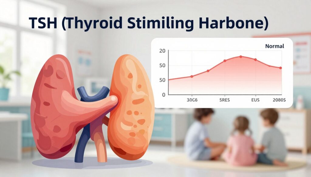 A detailed and vivid illustration representing thyroid hormones, specifically showcasing TSH (Thyroid Stimulating Hormone) levels affected by autoimmune diseases. In the foreground, a stylized depiction of thyroid glands with vibrant colors to signify hormonal activity. In the middle, an infographic-style representation of normal and fluctuating TSH levels in children, highlighted with gentle gradients to indicate varying ages. The background features a soft-focus, blurred image of a pediatric clinic, suggesting a medical environment, illuminated by natural light pouring through a window, creating a calm and informative atmosphere. The overall mood is professional and educational, without any people in the image, focusing solely on the subject matter.