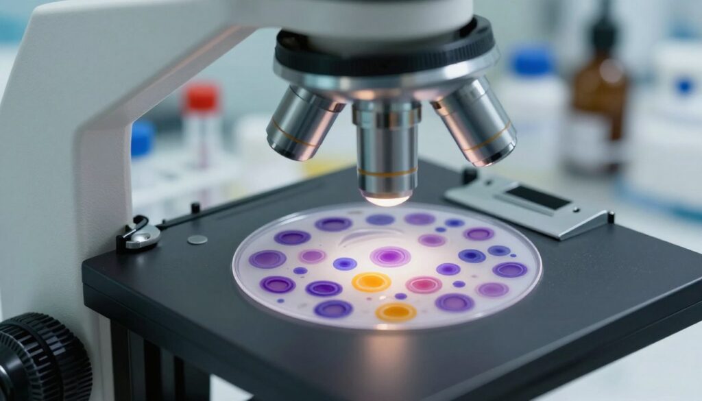 A detailed blood smear under a microscope, showcasing various types of white blood cells (leukocytes) in a clinical lab setting. In the foreground, the microscope is positioned prominently, with a clear focus on the blood slide that displays a range of leukocytes: lymphocytes, neutrophils, and monocytes, each illustrated in vibrant colors against a stained background. The middle ground features lab equipment such as test tubes and pipettes, while the background consists of blurred shelves filled with medical supplies, enhancing the clinical atmosphere. Soft, diffused lighting creates a sterile, professional mood. The lens captures the scene from a slight overhead angle, emphasizing the intricacies of the blood smear for diagnostic purposes.