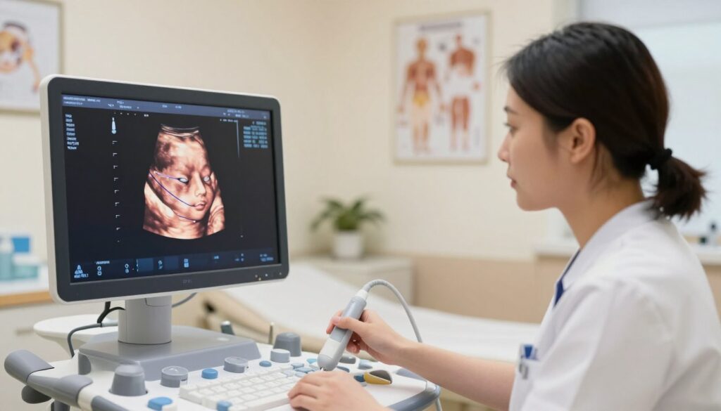 A detailed, clinical illustration of a fetal head circumference measurement in an obstetric setting. Foreground: a clear ultrasound screen displaying a sonogram of a fetus, with highlighted lines indicating the measurements of the head circumference. Middle: the ultrasound technician, wearing professional attire, focused on the screen, capturing the precise measurements, using a transducer in their right hand. Background: a soft and well-lit medical room featuring ultrasound equipment, anatomical charts, and a cozy, calm atmosphere that suggests a sense of professionalism and care. The lighting is bright, but soft, creating a soothing environment. The angle captures both the technician and the ultrasound image, emphasizing the importance of understanding fetal measurements in relation to gestational age. A detailed, clinical illustration of a fetal head circumference measurement in an obstetric setting. Foreground: a clear ultrasound screen displaying a sonogram of a fetus, with highlighted lines indicating the measurements of the head circumference. Middle: the ultrasound technician, wearing professional attire, focused on the screen, capturing the precise measurements, using a transducer in their right hand. Background: a soft and well-lit medical room featuring ultrasound equipment, anatomical charts, and a cozy, calm atmosphere that suggests a sense of professionalism and care. The lighting is bright, but soft, creating a soothing environment. The angle captures both the technician and the ultrasound image, emphasizing the importance of understanding fetal measurements in relation to gestational age.