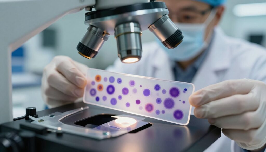 A detailed close-up of a blood smear slide under a microscope, showcasing various types of blood cells stained vividly to highlight abnormalities, such as lymphocytes and atypical cells. The foreground features the glass slide and the microscope's optical components, with soft reflections on the glass surface. In the middle ground, a lab technician in professional attire, focused on analyzing the slide, can be seen; their hands delicately handling the slide with precision. The background includes blurred laboratory equipment and a softly lit workspace, creating a clinical atmosphere. The lighting is bright but diffused, emphasizing the colors and textures of the blood cells while maintaining a sterile environment. The mood is analytical and serious, reflecting the importance of blood smears in diagnosing lymphatic cancers. A detailed close-up of a blood smear slide under a microscope, showcasing various types of blood cells stained vividly to highlight abnormalities, such as lymphocytes and atypical cells. The foreground features the glass slide and the microscope's optical components, with soft reflections on the glass surface. In the middle ground, a lab technician in professional attire, focused on analyzing the slide, can be seen; their hands delicately handling the slide with precision. The background includes blurred laboratory equipment and a softly lit workspace, creating a clinical atmosphere. The lighting is bright but diffused, emphasizing the colors and textures of the blood cells while maintaining a sterile environment. The mood is analytical and serious, reflecting the importance of blood smears in diagnosing lymphatic cancers.