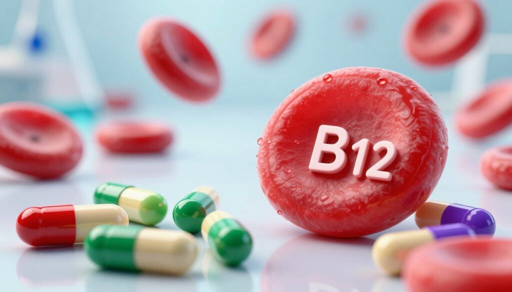A detailed composition featuring vitamin B12 and folic acid as central subjects. In the foreground, vibrant capsules of vitamin B12 in rich reds and purples, alongside glossy green and yellow folic acid tablets arranged artistically. In the middle ground, a representation of a healthy human red blood cell, magnified to showcase its vivid color and round shape, emphasizing its importance in blood formation. The background should consist of soft, out-of-focus laboratory settings with subtle light reflections, creating a clean and scientific atmosphere. Natural lighting with a bright and uplifting feel to symbolize health and vitality. The overall mood should be informative and engaging, making the viewer feel reassured about the significance of these vitamins in the blood formation process. A detailed composition featuring vitamin B12 and folic acid as central subjects. In the foreground, vibrant capsules of vitamin B12 in rich reds and purples, alongside glossy green and yellow folic acid tablets arranged artistically. In the middle ground, a representation of a healthy human red blood cell, magnified to showcase its vivid color and round shape, emphasizing its importance in blood formation. The background should consist of soft, out-of-focus laboratory settings with subtle light reflections, creating a clean and scientific atmosphere. Natural lighting with a bright and uplifting feel to symbolize health and vitality. The overall mood should be informative and engaging, making the viewer feel reassured about the significance of these vitamins in the blood formation process.