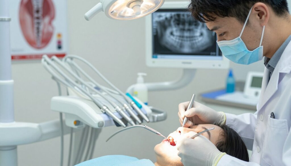 A detailed dental scene depicting the process of endodontic treatment, or root canal therapy. In the foreground, a dentist wearing professional attire is carefully working on a patient's tooth with dental instruments, showcasing a close-up view of the dental chair and tools. The middle ground features a sterile dental environment, including organized instruments on a tray and bright overhead lights illuminating the workspace. In the background, soft-focus elements such as dental posters and a digital X-ray monitor displaying tooth anatomy can be seen. The atmosphere is clinical yet calm, with bright, neutral lighting that conveys professionalism and precision. The overall mood is informative and focused, capturing the step-by-step nature of the treatment process without any human discomfort or distress.