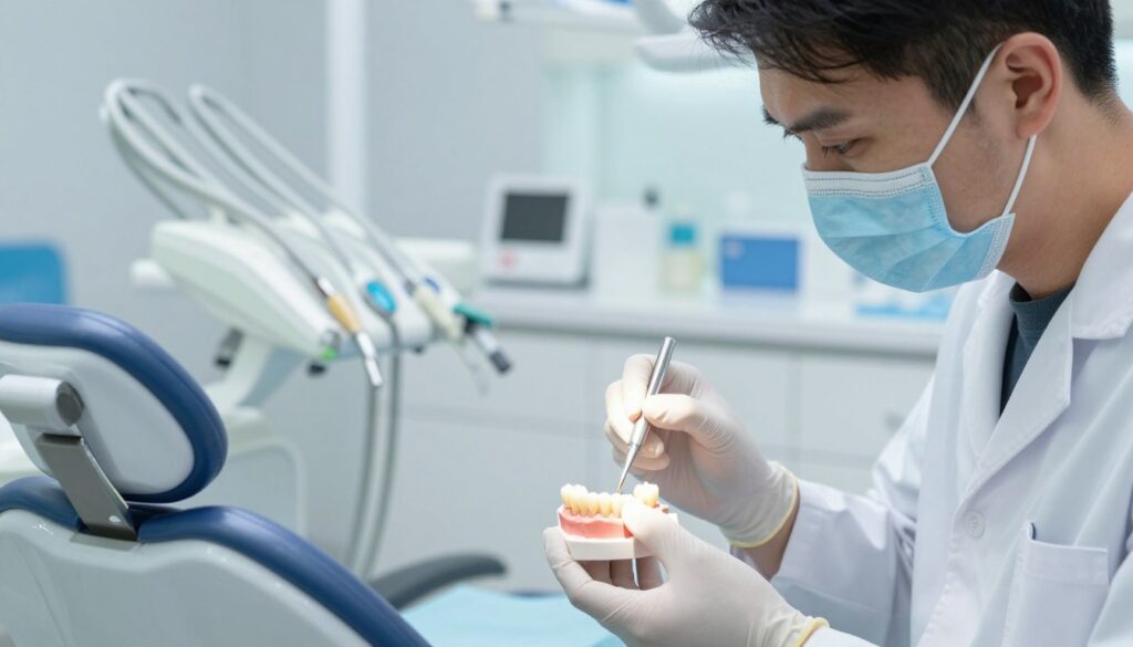 A detailed dental scene showcasing the reconstruction of a tooth crown after endodontic treatment. In the foreground, a skilled dentist, dressed in professional attire, meticulously places a new tooth crown on a model of a tooth using precise tools. The dentist’s focused expression reflects professionalism. The middle ground features a modern dental chair and equipment, emphasizing a clean and sterile environment. In the background, a well-lit dental office with soft white and blue lighting creates a calming atmosphere. The image captures the technical process of dental restoration, highlighting the intricate details of the crown and tools, evoking a sense of care and precision in dental healthcare.