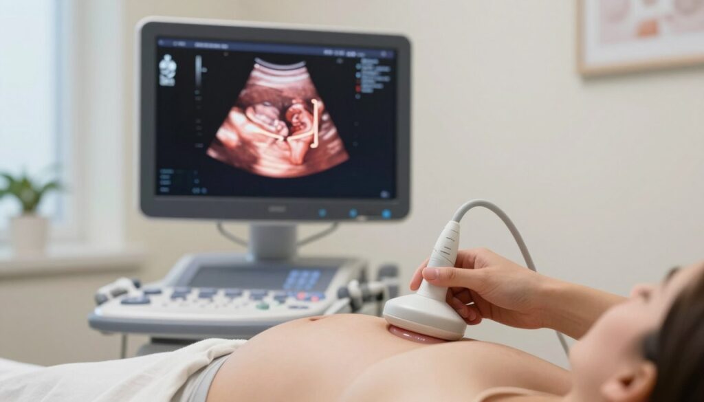 A detailed, educational illustration of a fetal abdominal circumference measurement during an ultrasound examination. In the foreground, depict a clear image of an ultrasound probe positioned gently on a pregnant woman's abdomen, which is visible from a slightly elevated angle. In the middle layer, show the ultrasound screen displaying a vibrant, detailed image of a developing fetus with highlighted measurements of the abdominal circumference. The background features a softly lit medical office environment, equipped with modern ultrasound equipment, enhancing the clinical atmosphere. Use natural lighting to create a calm and professional mood, emphasizing the significance of monitoring fetal development. The overall composition should be informative, visually engaging, and suitable for an educational context, devoid of any text or overlays. A detailed, educational illustration of a fetal abdominal circumference measurement during an ultrasound examination. In the foreground, depict a clear image of an ultrasound probe positioned gently on a pregnant woman's abdomen, which is visible from a slightly elevated angle. In the middle layer, show the ultrasound screen displaying a vibrant, detailed image of a developing fetus with highlighted measurements of the abdominal circumference. The background features a softly lit medical office environment, equipped with modern ultrasound equipment, enhancing the clinical atmosphere. Use natural lighting to create a calm and professional mood, emphasizing the significance of monitoring fetal development. The overall composition should be informative, visually engaging, and suitable for an educational context, devoid of any text or overlays.