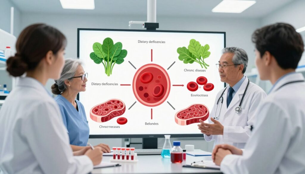 A detailed illustration depicting the causes of low red blood cell levels. In the foreground, a diverse group of healthcare professionals in professional attire discusses a colorful infographic showing various factors such as dietary deficiencies, chronic diseases, and genetic conditions. In the middle, there are labeled diagrams of red blood cells alongside images of healthy foods like spinach and red meat, symbolizing nutritional causes. The background features a clean and modern laboratory setting with scientific equipment and blood samples under bright, clinical lighting. The overall mood is informative and educational, emphasizing the significance of understanding erythrocyte levels. Soft focus accentuates the professionals engaged in discussion, while maintaining clarity on the infographic data. No text overlays or branding present. A detailed illustration depicting the causes of low red blood cell levels. In the foreground, a diverse group of healthcare professionals in professional attire discusses a colorful infographic showing various factors such as dietary deficiencies, chronic diseases, and genetic conditions. In the middle, there are labeled diagrams of red blood cells alongside images of healthy foods like spinach and red meat, symbolizing nutritional causes. The background features a clean and modern laboratory setting with scientific equipment and blood samples under bright, clinical lighting. The overall mood is informative and educational, emphasizing the significance of understanding erythrocyte levels. Soft focus accentuates the professionals engaged in discussion, while maintaining clarity on the infographic data. No text overlays or branding present.