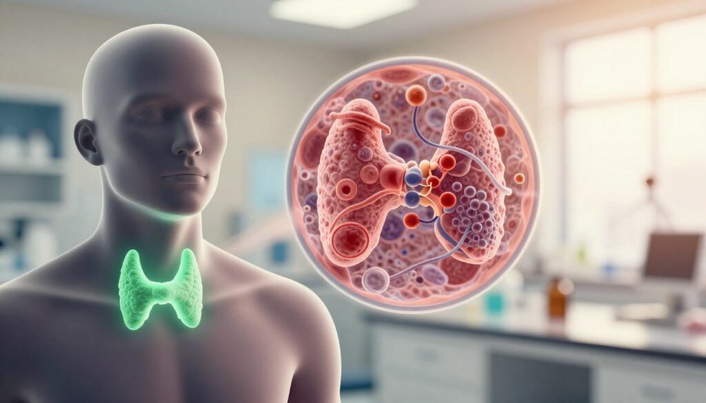 A detailed illustration depicting the concept of Graves' disease (choroby gravesa-basedowa), featuring a human silhouette in the foreground with a subtle green glow emanating from the thyroid area to signify hyperactivity. In the middle ground, a microscopic view of thyroid receptors interacting with antibodies, represented visually as dynamic shapes and patterns. The background should be a softly blurred medical environment, perhaps with a laboratory setting, infused with warm, inviting light to convey hope and clarity. The overall mood should be professional yet engaging, emphasizing the significance of diagnostic procedures in understanding Graves' disease. The scene should be captured from a slight top-down angle to enhance the complexity of the depicted interactions.