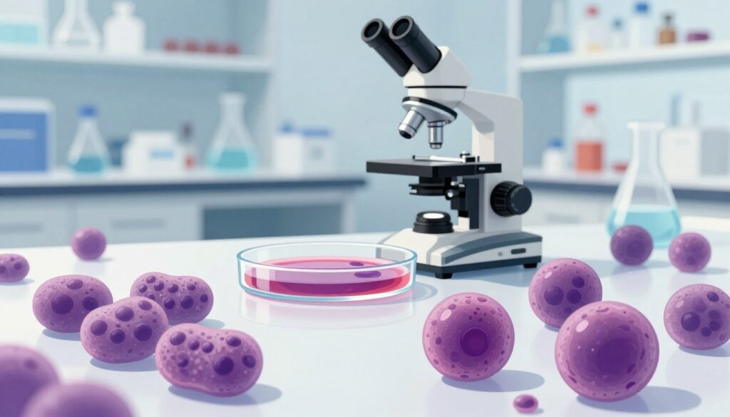 A detailed illustration depicting the division of leukocytes into granulocytes and agranulocytes, set in a scientific laboratory environment. In the foreground, stylized representations of both granulocytes, showcasing their granular texture and lobed nuclei, alongside agranulocytes with a more uniform appearance and large, round nuclei. In the middle ground, a microscope and petri dishes filled with blood samples, emphasizing a sense of research and analysis. The background features a soft-focus view of laboratory shelves stocked with scientific equipment. Lighting is bright and clinical, creating a sterile atmosphere. The mood conveys professionalism and meticulous study of blood morphology, aimed at educating the viewer about the importance of white blood cell classification. The overall composition is balanced and clean, allowing for a clear understanding of the subject matter.
