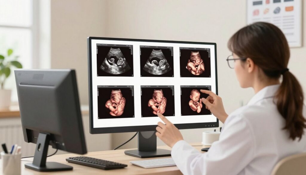 A detailed illustration depicting the stages of pregnancy over the weeks, focusing on the concept of Crown Rump Length (CRL) measurements. In the foreground, a professional caregiver is gently examining an ultrasound image on a monitor, wearing a lab coat and glasses, conveying expertise and care. In the middle ground, various ultrasound images display the growth of a fetus across different weeks, with clear labeling of corresponding CRL metrics. The background features a calming clinic environment, with soft lighting creating a serene atmosphere, green plants, and medical charts on the walls. The scene conveys warmth and professionalism, emphasizing the significance of CRL in monitoring fetal development, while ensuring a clean and informative visual presentation without text or distractions.