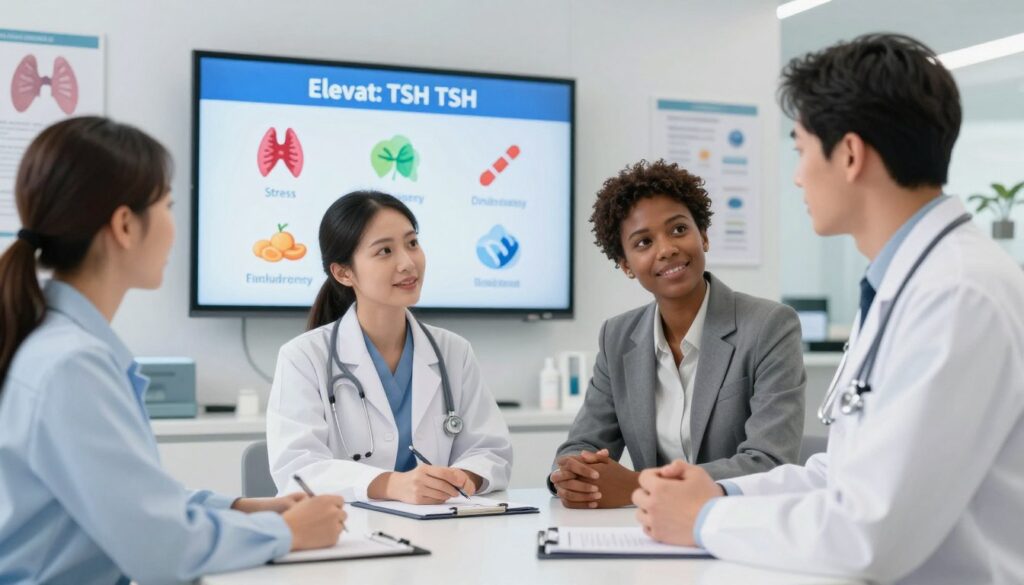 A detailed illustration focusing on the common causes of elevated TSH levels, featuring a professional, well-lit medical environment. In the foreground, show a diverse group of healthcare professionals, including a female endocrinologist and a male physician, discussing thyroid health, depicted in smart business attire. In the middle ground, include a digital display or chart showing factors like stress, iodine deficiency, autoimmune disorders, and medications as common causes of elevated TSH, represented visually with icons or symbols. The background should depict a modern clinic with patient education materials related to thyroid health. Soft, clinical lighting enhances the atmosphere of professionalism and care. Capture a sense of collaboration and knowledge sharing among the healthcare professionals. A detailed illustration focusing on the common causes of elevated TSH levels, featuring a professional, well-lit medical environment. In the foreground, show a diverse group of healthcare professionals, including a female endocrinologist and a male physician, discussing thyroid health, depicted in smart business attire. In the middle ground, include a digital display or chart showing factors like stress, iodine deficiency, autoimmune disorders, and medications as common causes of elevated TSH, represented visually with icons or symbols. The background should depict a modern clinic with patient education materials related to thyroid health. Soft, clinical lighting enhances the atmosphere of professionalism and care. Capture a sense of collaboration and knowledge sharing among the healthcare professionals.