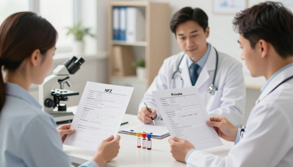 A detailed illustration focusing on the differences between medical blood test requisitions in Poland. The foreground should feature a professional male and female doctor in business attire, examining two distinct blood test orders: one labeled 'NFZ' and the other 'Private'. In the middle, include a well-organized desk with medical supplies, such as blood vials, a microscope, and a clipboard, showcasing a clinical environment. In the background, softly blurred, show a modern medical office with neutral colors, emphasizing a professional atmosphere. Use warm lighting to create an inviting mood, while maintaining focus on the doctors and the test orders. Capture the scene from a slightly elevated angle for a clear view of the details, ensuring clarity and professionalism without any text or distractions. A detailed illustration focusing on the differences between medical blood test requisitions in Poland. The foreground should feature a professional male and female doctor in business attire, examining two distinct blood test orders: one labeled 'NFZ' and the other 'Private'. In the middle, include a well-organized desk with medical supplies, such as blood vials, a microscope, and a clipboard, showcasing a clinical environment. In the background, softly blurred, show a modern medical office with neutral colors, emphasizing a professional atmosphere. Use warm lighting to create an inviting mood, while maintaining focus on the doctors and the test orders. Capture the scene from a slightly elevated angle for a clear view of the details, ensuring clarity and professionalism without any text or distractions.