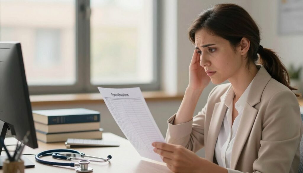 A detailed illustration focusing on the symptoms of hypothyroidism, featuring a serene, professional woman in modest business attire, holding a thyroid function chart in an office setting. In the foreground, her thoughtful expression conveys concern, while she examines the document. The middle layer includes a desk cluttered with medical books and a stethoscope, symbolizing the context of medical review. In the background, a calm window view reveals soft daylight pouring in, enhancing the reflective mood of the scene. The lighting is warm and inviting, creating a sense of hopefulness amidst medical uncertainty. The overall atmosphere should be serious yet hopeful, embodying the importance of understanding thyroid health without any text, logos, or distractions. A detailed illustration focusing on the symptoms of hypothyroidism, featuring a serene, professional woman in modest business attire, holding a thyroid function chart in an office setting. In the foreground, her thoughtful expression conveys concern, while she examines the document. The middle layer includes a desk cluttered with medical books and a stethoscope, symbolizing the context of medical review. In the background, a calm window view reveals soft daylight pouring in, enhancing the reflective mood of the scene. The lighting is warm and inviting, creating a sense of hopefulness amidst medical uncertainty. The overall atmosphere should be serious yet hopeful, embodying the importance of understanding thyroid health without any text, logos, or distractions.