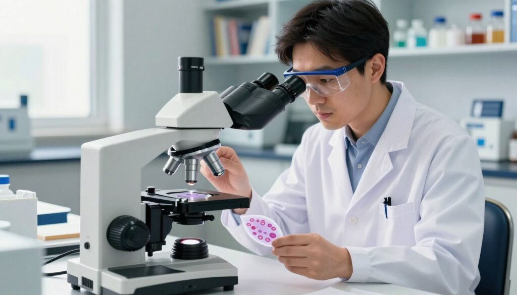 A detailed illustration of a blood morphology analysis scene. In the foreground, a microscope sits on a well-lit laboratory table, showcasing a slide with stained blood cells under magnification, illustrating various cell types such as red blood cells, white blood cells, and platelets. The middle ground features a researcher, dressed in a professional lab coat and safety glasses, observing the slide through the microscope with a focused expression, emphasizing the importance of the analysis. In the background, laboratory shelves are lined with medical books and scientific equipment, illuminated by soft, natural light coming from a nearby window. The mood is serious and analytical, conveying a sense of urgency and importance around the examination of blood results. A detailed illustration of a blood morphology analysis scene. In the foreground, a microscope sits on a well-lit laboratory table, showcasing a slide with stained blood cells under magnification, illustrating various cell types such as red blood cells, white blood cells, and platelets. The middle ground features a researcher, dressed in a professional lab coat and safety glasses, observing the slide through the microscope with a focused expression, emphasizing the importance of the analysis. In the background, laboratory shelves are lined with medical books and scientific equipment, illuminated by soft, natural light coming from a nearby window. The mood is serious and analytical, conveying a sense of urgency and importance around the examination of blood results.