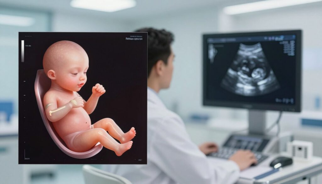 A detailed illustration of a developing fetus in the second and third trimesters, highlighting the length of bones in a medical context. In the foreground, there is a high-resolution ultrasound image showing a side profile of the fetus with distinct bone structures visible, including the femur and humerus. The middle ground features an expert doctor in a white lab coat, focused on the ultrasound screen, emphasizing a professional atmosphere. The background is softly blurred, suggesting a modern clinic setting with subtle lighting that enhances the clarity of the ultrasound image. The mood is clinical and informative, aiming to educate viewers on fetal development during pregnancy.