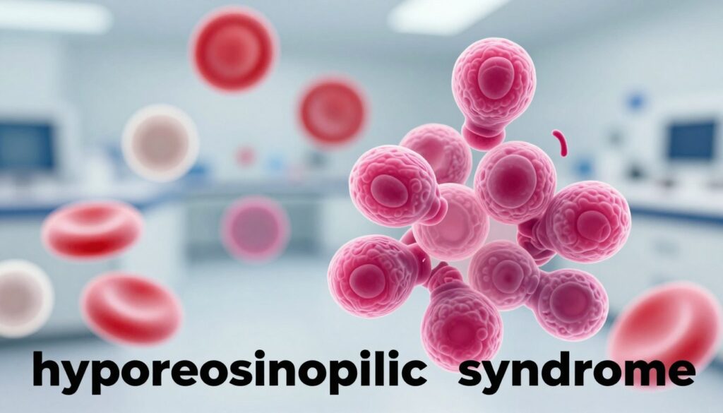 A detailed illustration of "hypereosinophilic syndrome," showcasing a microscopic view of the blood, highlighting eosinophils with their distinctive bi-lobed nuclei and abundant cytoplasm. In the foreground, a cluster of bright pink eosinophils, magnified for detail. In the middle ground, a faint representation of red blood cells and other white blood cells, creating contrast against the eosinophils. The background should be a blurred abstract of a laboratory environment, hinting at a clinical analysis setting. Use soft, natural lighting to enhance the cells' textures, while maintaining a sterile and scientific atmosphere. The image should evoke a sense of urgency and professionalism, suitable for a medical article section focused on serious health conditions. A detailed illustration of "hypereosinophilic syndrome," showcasing a microscopic view of the blood, highlighting eosinophils with their distinctive bi-lobed nuclei and abundant cytoplasm. In the foreground, a cluster of bright pink eosinophils, magnified for detail. In the middle ground, a faint representation of red blood cells and other white blood cells, creating contrast against the eosinophils. The background should be a blurred abstract of a laboratory environment, hinting at a clinical analysis setting. Use soft, natural lighting to enhance the cells' textures, while maintaining a sterile and scientific atmosphere. The image should evoke a sense of urgency and professionalism, suitable for a medical article section focused on serious health conditions.