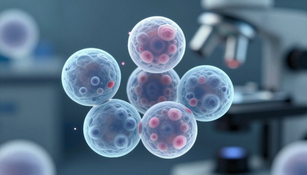 A detailed illustration of immature granulocytes, showcasing their cellular structure and characteristics. In the foreground, focus on a cluster of several cells, emphasizing their round shape, granules, and unique nuclear features. Use a microscope-like perspective to highlight details such as color variations, such as pale blue and pink hues within the cells, set against a soft, blurred background that represents a scientific laboratory setting. The lighting should be bright and focused, simulating the effect of a microscope light source, creating a sharp contrast against a dark backdrop. The atmosphere should evoke a sense of professionalism and clinical precision, suitable for a medical article. A detailed illustration of immature granulocytes, showcasing their cellular structure and characteristics. In the foreground, focus on a cluster of several cells, emphasizing their round shape, granules, and unique nuclear features. Use a microscope-like perspective to highlight details such as color variations, such as pale blue and pink hues within the cells, set against a soft, blurred background that represents a scientific laboratory setting. The lighting should be bright and focused, simulating the effect of a microscope light source, creating a sharp contrast against a dark backdrop. The atmosphere should evoke a sense of professionalism and clinical precision, suitable for a medical article.