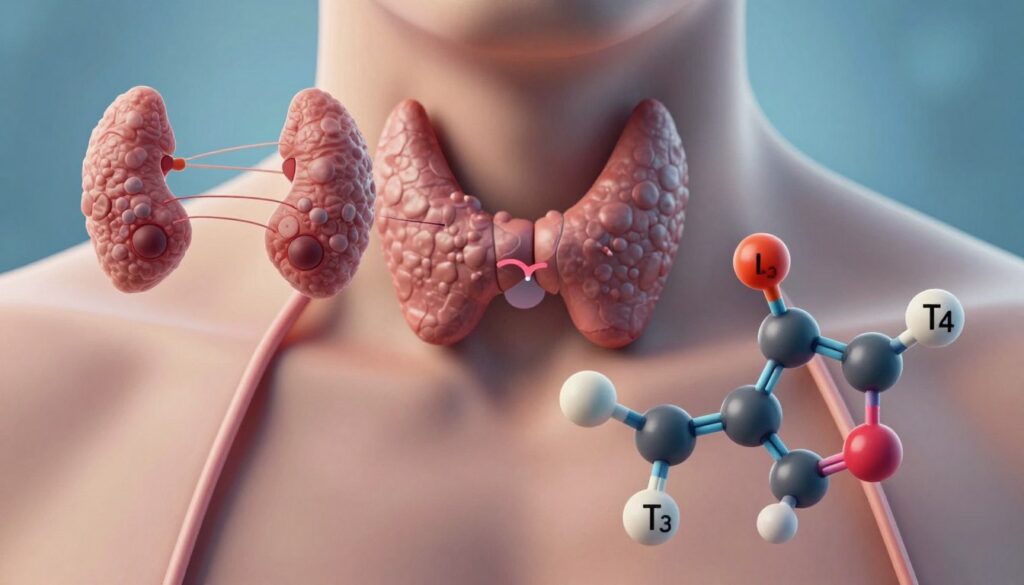 A detailed illustration of thyroid hormones (T3, T4) in a biological context. In the foreground, depict a highly detailed, stylized molecular structure of T3 and T4, with vibrant color gradients showcasing their chemical bonds. In the middle ground, include graphical representations of thyroid cells with dynamic animations illustrating hormone secretion. The background should feature an abstract representation of the human thyroid gland, with soft lighting highlighting its anatomical features. Use a shallow depth of field to create an intimate focus on the molecular details while blending the background elements softly. Aim for a clean, scientific aesthetic that evokes a sense of professionalism and innovation, suitable for a medical audience. A detailed illustration of thyroid hormones (T3, T4) in a biological context. In the foreground, depict a highly detailed, stylized molecular structure of T3 and T4, with vibrant color gradients showcasing their chemical bonds. In the middle ground, include graphical representations of thyroid cells with dynamic animations illustrating hormone secretion. The background should feature an abstract representation of the human thyroid gland, with soft lighting highlighting its anatomical features. Use a shallow depth of field to create an intimate focus on the molecular details while blending the background elements softly. Aim for a clean, scientific aesthetic that evokes a sense of professionalism and innovation, suitable for a medical audience.