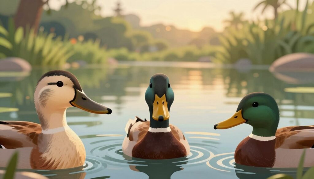 A detailed illustration of various duck bills, showcasing differences in structure among species. In the foreground, prominently feature three distinct duck bills: one wide and flat for filter feeding, another long and slender for probing, and a third short and pointed for diving. Each bill should have specific textures, colors, and shapes, reflecting their unique adaptations. In the middle ground, a serene pond setting with subtle ripples to suggest a natural habitat. In the background, soft silhouettes of lush greenery and gentle water reflections under warm, golden hour lighting, creating an inviting atmosphere. Use a macro lens angle to emphasize the intricate details of the bills while maintaining a harmonious composition. The overall mood should be educational and engaging.