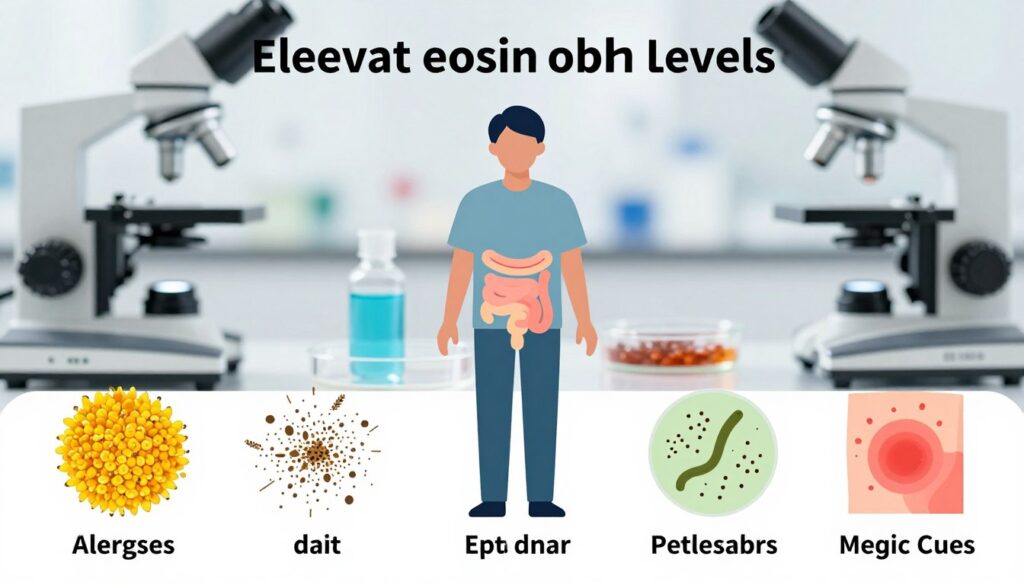 A detailed infographic-style illustration depicting the causes of elevated eosinophil levels in the human body. In the foreground, showcase various elements such as stylized representations of allergens (like pollen, dust, and pet dander), parasites (depict a simple visual of a worm), and signs of allergic reactions (like a red, inflamed skin patch). In the middle ground, include a silhouette of a person with highlighted areas representing internal reactions, ensuring the human figure is in modest casual clothing. In the background, feature a soft-focus laboratory setting with microscope and petri dish to suggest a medical context. Use bright, informative colors with clear labels for each element, while maintaining a balanced, professional aesthetic. The lighting should be bright and clean, creating an educational and engaging atmosphere. A detailed infographic-style illustration depicting the causes of elevated eosinophil levels in the human body. In the foreground, showcase various elements such as stylized representations of allergens (like pollen, dust, and pet dander), parasites (depict a simple visual of a worm), and signs of allergic reactions (like a red, inflamed skin patch). In the middle ground, include a silhouette of a person with highlighted areas representing internal reactions, ensuring the human figure is in modest casual clothing. In the background, feature a soft-focus laboratory setting with microscope and petri dish to suggest a medical context. Use bright, informative colors with clear labels for each element, while maintaining a balanced, professional aesthetic. The lighting should be bright and clean, creating an educational and engaging atmosphere.