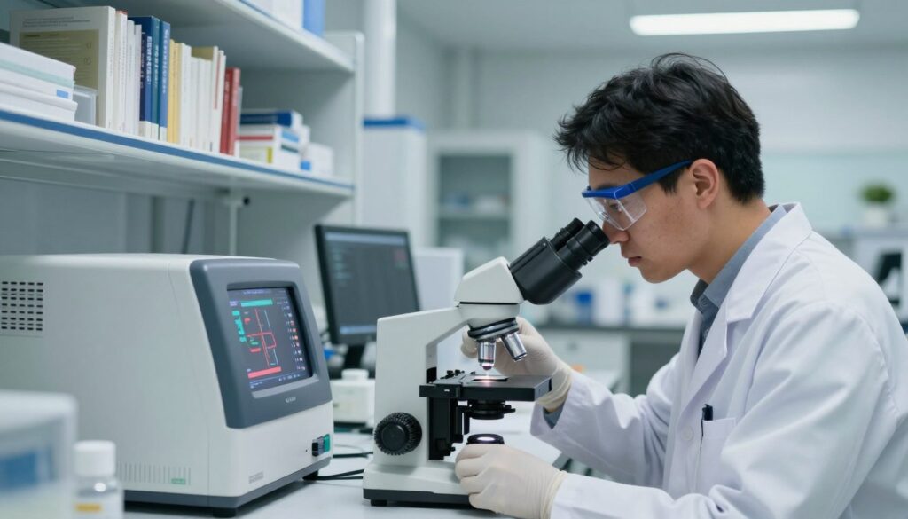 A detailed laboratory scene showcasing genetic testing for a pheochromocytoma tumor. In the foreground, a scientist in a lab coat, safety goggles, and gloves, focused on analyzing DNA samples under a microscope. The middle area features advanced lab equipment, including a PCR machine and DNA sequence analysis instruments. The background reveals shelves filled with scientific books and research papers, softly illuminated by overhead fluorescent lighting, creating a sterile yet engaging atmosphere. The focus is sharp on the scientist and equipment, while the background is slightly blurred to emphasize the action. The mood is professional and inquisitive, highlighting the crucial role of genetic research in understanding the tumor. A detailed laboratory scene showcasing genetic testing for a pheochromocytoma tumor. In the foreground, a scientist in a lab coat, safety goggles, and gloves, focused on analyzing DNA samples under a microscope. The middle area features advanced lab equipment, including a PCR machine and DNA sequence analysis instruments. The background reveals shelves filled with scientific books and research papers, softly illuminated by overhead fluorescent lighting, creating a sterile yet engaging atmosphere. The focus is sharp on the scientist and equipment, while the background is slightly blurred to emphasize the action. The mood is professional and inquisitive, highlighting the crucial role of genetic research in understanding the tumor.