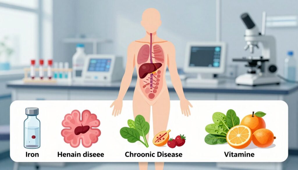 A detailed medical illustration depicting the causes of low hemoglobin levels in the body. In the foreground, a well-organized display of various causes, including images of iron deficiency (depicted as a depleted iron vial), chronic disease (represented by an abstract representation of a hospital), and vitamin deficiencies (illustrated with fruits and vegetables, like spinach and oranges). The middle layer can feature a stylized human silhouette with highlighted areas indicating the spleen and bone marrow. In the background, a soft-focus medical laboratory setting with equipment like blood tests and hematology screens. The lighting is bright but soft, ensuring clarity on the subject details, creating an informative yet engaging atmosphere, suitable for educational purposes.