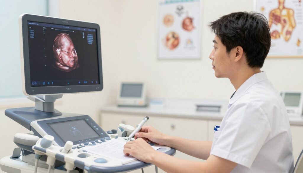 A detailed medical illustration of a healthcare professional performing an ultrasound measurement of a fetal head circumference. In the foreground, depict a focused ultrasound technician, dressed in business attire, examining the monitor displaying a clear image of a fetus in utero. In the middle ground, show the ultrasound machine with controls and a transducer, along with an open medical chart for context. The background should feature a soft-focus, bright clinical room with medical charts and anatomical diagrams on the walls. Use soft, even lighting to create a professional and serene atmosphere, capturing the seriousness and precision of medical practice. The angle should be slightly elevated, showing both the technician's concentration and the ultrasound image clearly, promoting a sense of professionalism and accuracy in prenatal care. A detailed medical illustration of a healthcare professional performing an ultrasound measurement of a fetal head circumference. In the foreground, depict a focused ultrasound technician, dressed in business attire, examining the monitor displaying a clear image of a fetus in utero. In the middle ground, show the ultrasound machine with controls and a transducer, along with an open medical chart for context. The background should feature a soft-focus, bright clinical room with medical charts and anatomical diagrams on the walls. Use soft, even lighting to create a professional and serene atmosphere, capturing the seriousness and precision of medical practice. The angle should be slightly elevated, showing both the technician's concentration and the ultrasound image clearly, promoting a sense of professionalism and accuracy in prenatal care.