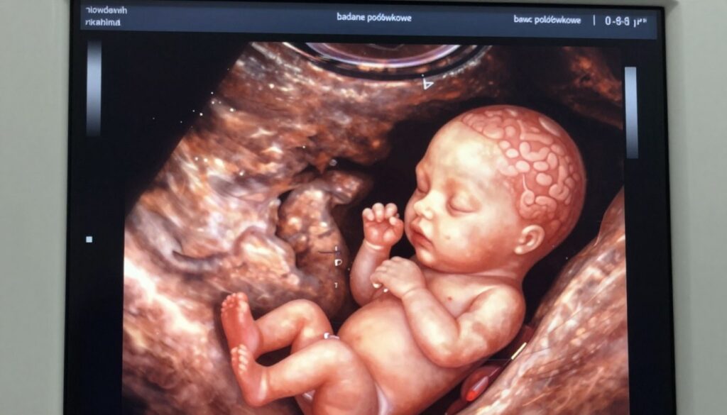 A detailed medical illustration of a prenatal ultrasound showing a detailed view of a fetus in the womb during a "badanie połówkowe" or second-trimester anatomy scan. In the foreground, focus on the well-defined shape and features of the fetus, highlighting the brain's structures, particularly the cerebellum, with fine details for educational clarity. The middle ground showcases the womb's contours, with anatomical markers subtly indicating fetal dimensions. The background features a blurred ultrasound imaging screen, with soft lighting to create a clinical yet soothing atmosphere. Use a clear lens to ensure high resolution, capturing the intricacies of both the fetus and the ultrasound technology, while conveying the importance of prenatal diagnostics in detecting congenital anomalies.