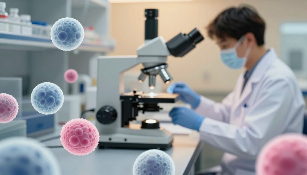A detailed medical illustration of immature granulocytes, prominently featuring a microscope view in the foreground. The immature granulocytes are represented as distinct, larger white blood cells with unique textures and characteristics, colored in shades of pale blue and clear with some vibrant pink highlights. In the middle ground, show a laboratory setting including high-tech equipment and a researcher in professional attire examining a sample under a microscope. The background is softly blurred to emphasize the researcher and specimen, utilizing warm, ambient lighting to create a focused yet inviting atmosphere. The overall mood should reflect a sense of scientific discovery and importance in understanding health indicators. A detailed medical illustration of immature granulocytes, prominently featuring a microscope view in the foreground. The immature granulocytes are represented as distinct, larger white blood cells with unique textures and characteristics, colored in shades of pale blue and clear with some vibrant pink highlights. In the middle ground, show a laboratory setting including high-tech equipment and a researcher in professional attire examining a sample under a microscope. The background is softly blurred to emphasize the researcher and specimen, utilizing warm, ambient lighting to create a focused yet inviting atmosphere. The overall mood should reflect a sense of scientific discovery and importance in understanding health indicators.