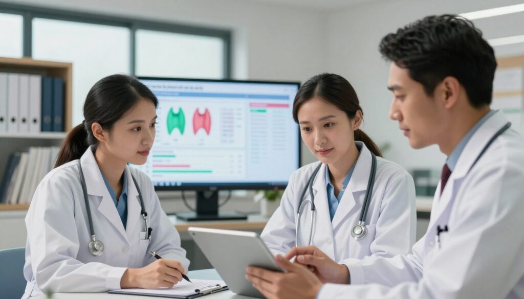 A detailed medical interpretation scene focusing on thyroid test results. In the foreground, a diverse group of three healthcare professionals—two women and one man—dressed in professional lab coats, intently analyzing charts and data on a digital tablet. Their faces reflect concentration and collaboration. In the middle ground, a large screen displays colorful graphs and thyroid hormone levels. The background features a modern, well-equipped medical office with bookshelves filled with medical literature and a glass window allowing natural light to illuminate the space, creating a warm and inviting atmosphere. Use soft, focused lighting to highlight the professionals’ expressions and the screen. The overall mood is serious yet hopeful, emphasizing the importance of accurate medical analysis in chronic disease management. A detailed medical interpretation scene focusing on thyroid test results. In the foreground, a diverse group of three healthcare professionals—two women and one man—dressed in professional lab coats, intently analyzing charts and data on a digital tablet. Their faces reflect concentration and collaboration. In the middle ground, a large screen displays colorful graphs and thyroid hormone levels. The background features a modern, well-equipped medical office with bookshelves filled with medical literature and a glass window allowing natural light to illuminate the space, creating a warm and inviting atmosphere. Use soft, focused lighting to highlight the professionals’ expressions and the screen. The overall mood is serious yet hopeful, emphasizing the importance of accurate medical analysis in chronic disease management.