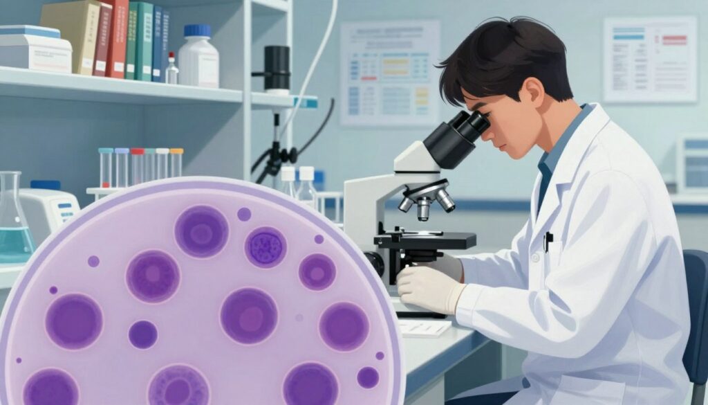 A detailed scientific illustration focusing on elevated immature granulocytes in blood samples. In the foreground, a close-up of a microscope revealing a stained blood slide, showcasing vibrant, distinct immature granulocytes with clear cellular structures. In the middle ground, a researcher in professional attire, possibly a lab coat, intently examining results, surrounded by laboratory equipment like test tubes and a centrifuge. The background features shelves filled with medical literature and charts, subtly hinting at clinical research. Soft, focused lighting highlights the microscope and blood samples, creating a clinical and informative atmosphere. The overall mood conveys professionalism and scientific inquiry, suitable for a medical article. A detailed scientific illustration focusing on elevated immature granulocytes in blood samples. In the foreground, a close-up of a microscope revealing a stained blood slide, showcasing vibrant, distinct immature granulocytes with clear cellular structures. In the middle ground, a researcher in professional attire, possibly a lab coat, intently examining results, surrounded by laboratory equipment like test tubes and a centrifuge. The background features shelves filled with medical literature and charts, subtly hinting at clinical research. Soft, focused lighting highlights the microscope and blood samples, creating a clinical and informative atmosphere. The overall mood conveys professionalism and scientific inquiry, suitable for a medical article.