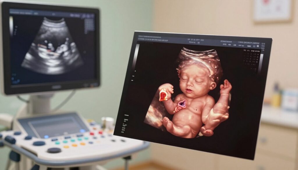 A detailed, scientifically accurate 3D ultrasound image of a fetus, focusing specifically on the quality of the image as it relates to gender identification. In the foreground, a realistic depiction of the fetus in a natural womb environment, with clear anatomical features highlighted. The middle ground includes medical imaging equipment subtly rendered to emphasize the clinical setting, while the background features a softly blurred, comforting prenatal care room with calming colors. Soft lighting creates an inviting atmosphere, reminiscent of a professional medical examination room, enhancing the clarity and detail of the ultrasound image. The viewpoint is angled to capture both the fetus and the scanning device from a slightly elevated position, ensuring a focused examination of the fetal outline and characteristics. A detailed, scientifically accurate 3D ultrasound image of a fetus, focusing specifically on the quality of the image as it relates to gender identification. In the foreground, a realistic depiction of the fetus in a natural womb environment, with clear anatomical features highlighted. The middle ground includes medical imaging equipment subtly rendered to emphasize the clinical setting, while the background features a softly blurred, comforting prenatal care room with calming colors. Soft lighting creates an inviting atmosphere, reminiscent of a professional medical examination room, enhancing the clarity and detail of the ultrasound image. The viewpoint is angled to capture both the fetus and the scanning device from a slightly elevated position, ensuring a focused examination of the fetal outline and characteristics.