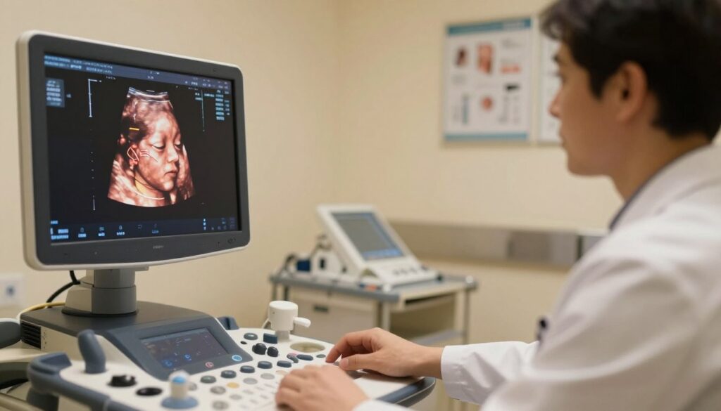 A detailed ultrasound image showcasing fetal head measurements during a prenatal examination. In the foreground, depict the ultrasound screen displaying a clear and intricate 2D image of the fetus's head, with highlighted measurement lines indicating the biparietal diameter and head circumference. In the middle ground, include the ultrasound machine operated by a healthcare professional in a lab coat, focused and intently observing the screen. The background reveals a softly lit examination room with medical equipment and charts on the walls, conveying a clinical yet calm environment. The mood emphasizes professionalism and the importance of monitoring fetal development. Use warm lighting to create a reassuring atmosphere, with a focus on clarity and precision in the image details. A detailed ultrasound image showcasing fetal head measurements during a prenatal examination. In the foreground, depict the ultrasound screen displaying a clear and intricate 2D image of the fetus's head, with highlighted measurement lines indicating the biparietal diameter and head circumference. In the middle ground, include the ultrasound machine operated by a healthcare professional in a lab coat, focused and intently observing the screen. The background reveals a softly lit examination room with medical equipment and charts on the walls, conveying a clinical yet calm environment. The mood emphasizes professionalism and the importance of monitoring fetal development. Use warm lighting to create a reassuring atmosphere, with a focus on clarity and precision in the image details.