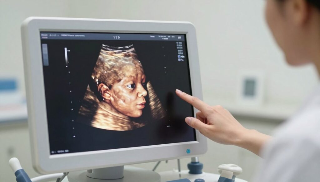 A detailed view of a prenatal ultrasound showing a top-down perspective of a fetal head at 12 weeks gestation. The image should convey a sense of professionalism and clarity, with soft, diffused lighting that highlights the contours of the skull. The foreground features the ultrasound monitor displaying a clear image of the fetus, with a focus on the head, revealing delicate features and the shape of the skull. In the middle ground, the hand of a healthcare professional gently touching the monitor or gesturing towards the image, dressed in a clean, professional attire. The background is softly blurred, showcasing a clinical setting with medical equipment subtly hinting at a caring atmosphere. The overall mood is informative and reassuring, ideal for an educational context.