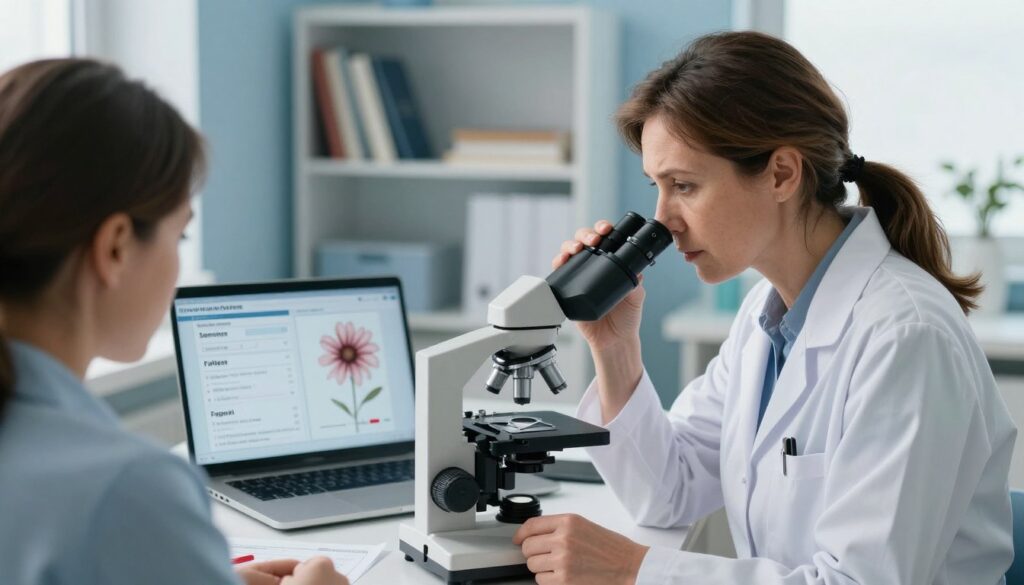 A healthcare professional in a well-lit clinic examines a patient's blood sample, expressing concern over low hemoglobin levels. The foreground features the doctor, a middle-aged Caucasian woman in a white lab coat, looking thoughtfully at a microscope as she analyzes the specimen. In the middle ground, we see medical charts and a laptop showcasing blood test results, highlighting anemia causative factors like fatigue, pale skin, and weakness, depicted through symbolic imagery such as a wilting flower and a faint heartbeat line on the screen. The background includes shelves filled with medical books and a calming, blue-toned wall. Soft, natural lighting filters in through a window, creating an atmosphere of professionalism and urgency, underscoring the health implications of low hemoglobin. A healthcare professional in a well-lit clinic examines a patient's blood sample, expressing concern over low hemoglobin levels. The foreground features the doctor, a middle-aged Caucasian woman in a white lab coat, looking thoughtfully at a microscope as she analyzes the specimen. In the middle ground, we see medical charts and a laptop showcasing blood test results, highlighting anemia causative factors like fatigue, pale skin, and weakness, depicted through symbolic imagery such as a wilting flower and a faint heartbeat line on the screen. The background includes shelves filled with medical books and a calming, blue-toned wall. Soft, natural lighting filters in through a window, creating an atmosphere of professionalism and urgency, underscoring the health implications of low hemoglobin.
