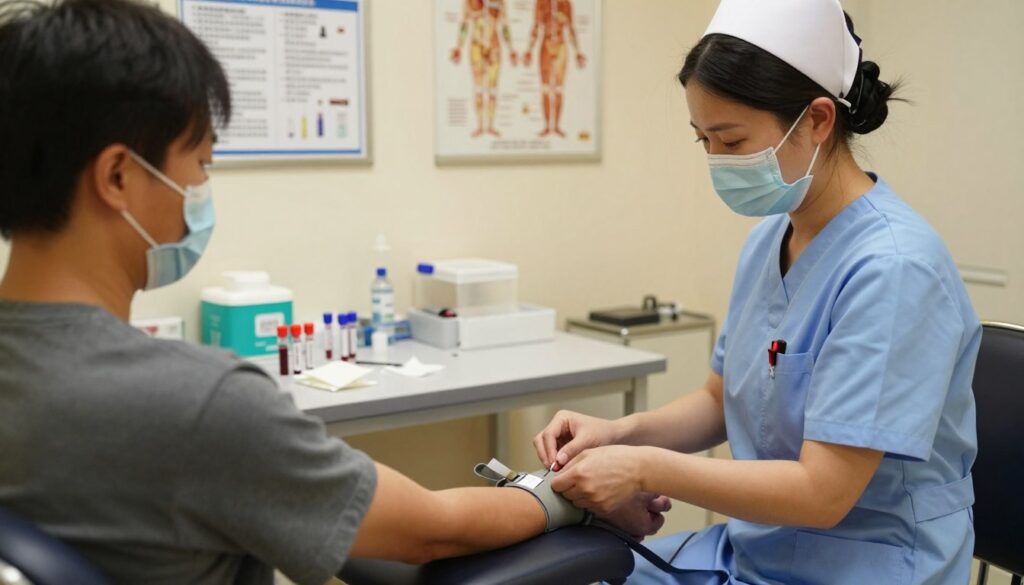 A healthcare setting illustrating the preparation for a blood test focused on eosinophil morphology. In the foreground, a nurse in professional scrubs is gently placing a tourniquet on the arm of a patient seated comfortably on an examination chair, showcasing a sense of ease and professionalism. The middle ground features a well-organized table with sterile equipment, including vials, alcohol pads, and a needle, all under soft, warm lighting to create a calm atmosphere. In the background, a medical chart and anatomical posters are visible on the wall, hinting at the educational aspect of eosinophils. The scene conveys a mood of tranquility and reassurance, emphasizing the importance of proper preparation for blood testing.