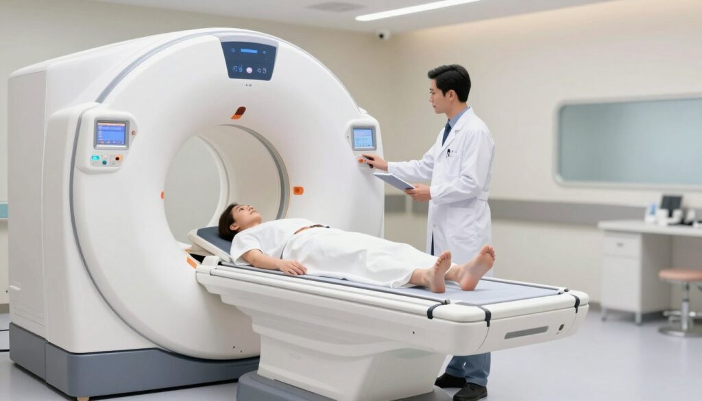 A high-resolution illustration of a magnetic resonance imaging (MRI) machine in a modern hospital setting, showcasing its advanced technology. In the foreground, an MRI scanner is prominently displayed, with intricate details highlighting the control panel and the opening where a patient would lie down. In the middle ground, a medical professional in a white lab coat attentively monitors the scanning process, exuding a sense of professionalism and care. The background features soft, ambient lighting that creates a calm and sterile environment, emphasizing the importance of medical diagnostics. The overall mood is serious yet hopeful, reflecting the critical role of imaging in diagnosing brain tumors, with a focus on clarity and accuracy. Capture the scene from a slightly angled perspective, showcasing depth and realism.