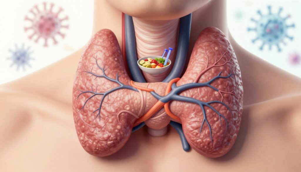 A highly detailed anatomical illustration of a thyroid gland, with emphasis on its various components including the isthmus and lobes, depicted in a close-up view. The foreground features the thyroid gland rendered with intricate textures and colors to show vascular structures and surrounding tissues. In the middle ground, a subtle representation of lifestyle elements, such as a balanced meal and exercise equipment, hinting at the impact of lifestyle on hormone levels. The background is softly blurred, featuring abstract representations of pathogens, symbolizing infections' effects on hormonal balance. The lighting is bright and clinical, creating a mood of scientific clarity and professionalism. The image should convey a sense of knowledge and insight into thyroid health without using any text or labels. A highly detailed anatomical illustration of a thyroid gland, with emphasis on its various components including the isthmus and lobes, depicted in a close-up view. The foreground features the thyroid gland rendered with intricate textures and colors to show vascular structures and surrounding tissues. In the middle ground, a subtle representation of lifestyle elements, such as a balanced meal and exercise equipment, hinting at the impact of lifestyle on hormone levels. The background is softly blurred, featuring abstract representations of pathogens, symbolizing infections' effects on hormonal balance. The lighting is bright and clinical, creating a mood of scientific clarity and professionalism. The image should convey a sense of knowledge and insight into thyroid health without using any text or labels.
