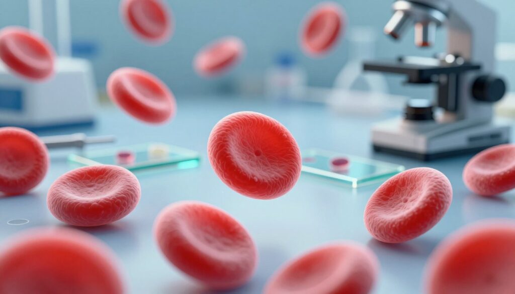 A highly detailed and scientific illustration of erythrocytes (red blood cells) under a microscope, showcasing their distinct biconcave shape and vivid coloration. The foreground features several microscopic erythrocytes, illuminated with bright lighting to emphasize their smooth surfaces and clarity. In the middle ground, a laboratory setting is depicted with glass slides and tools used for blood analysis, positioned on a clean, polished surface. The background should be softly blurred but show hints of laboratory equipment and a calm, sterile environment, enhancing the scientific atmosphere. Use a macro lens perspective to capture intricate details, creating an educational and professional mood that conveys the importance of red blood cell morphology in blood tests. No text or distractions are present in the image. A highly detailed and scientific illustration of erythrocytes (red blood cells) under a microscope, showcasing their distinct biconcave shape and vivid coloration. The foreground features several microscopic erythrocytes, illuminated with bright lighting to emphasize their smooth surfaces and clarity. In the middle ground, a laboratory setting is depicted with glass slides and tools used for blood analysis, positioned on a clean, polished surface. The background should be softly blurred but show hints of laboratory equipment and a calm, sterile environment, enhancing the scientific atmosphere. Use a macro lens perspective to capture intricate details, creating an educational and professional mood that conveys the importance of red blood cell morphology in blood tests. No text or distractions are present in the image.