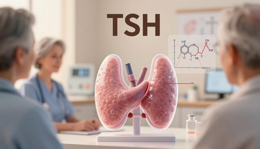 A medical illustration depicting the concept of TSH (Thyroid Stimulating Hormone) concentration changes in elderly individuals. In the foreground, a stylized, transparent thyroid gland model is highlighted, with subtle indicators showing hormone levels. In the middle ground, aging-related elements like a digital scale graph and chemical formulas float, representing fluctuations in hormone levels. The background features soft, warm lighting that enhances the serene and educational atmosphere, with a subtle blur suggesting a clinical environment, like a doctor's office or a lab. The overall mood is informative and professional, inviting viewers to ponder the complexities of hormonal changes in senior health. A medical illustration depicting the concept of TSH (Thyroid Stimulating Hormone) concentration changes in elderly individuals. In the foreground, a stylized, transparent thyroid gland model is highlighted, with subtle indicators showing hormone levels. In the middle ground, aging-related elements like a digital scale graph and chemical formulas float, representing fluctuations in hormone levels. The background features soft, warm lighting that enhances the serene and educational atmosphere, with a subtle blur suggesting a clinical environment, like a doctor's office or a lab. The overall mood is informative and professional, inviting viewers to ponder the complexities of hormonal changes in senior health.