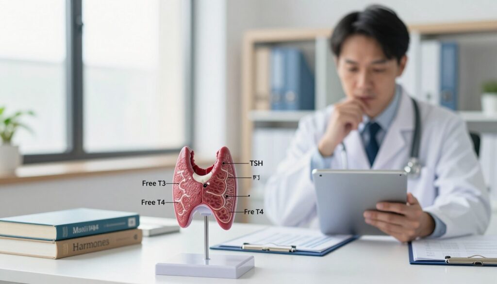 A medical professional examining a thyroid metabolism chart in a bright, modern office. In the foreground, focus on a detailed anatomical model of the thyroid gland, showcasing its structure, surrounded by labeled diagrams of hormones like TSH, free T3, and free T4. The middle ground includes a well-dressed doctor, wearing a lab coat, analyzing data on a tablet with a thoughtful expression. In the background, soft natural light filters through a window, enhancing the professional atmosphere. Charts and medical books are neatly organized on a desk. The mood is informative and calm, emphasizing a focus on health and understanding hormonal imbalances.