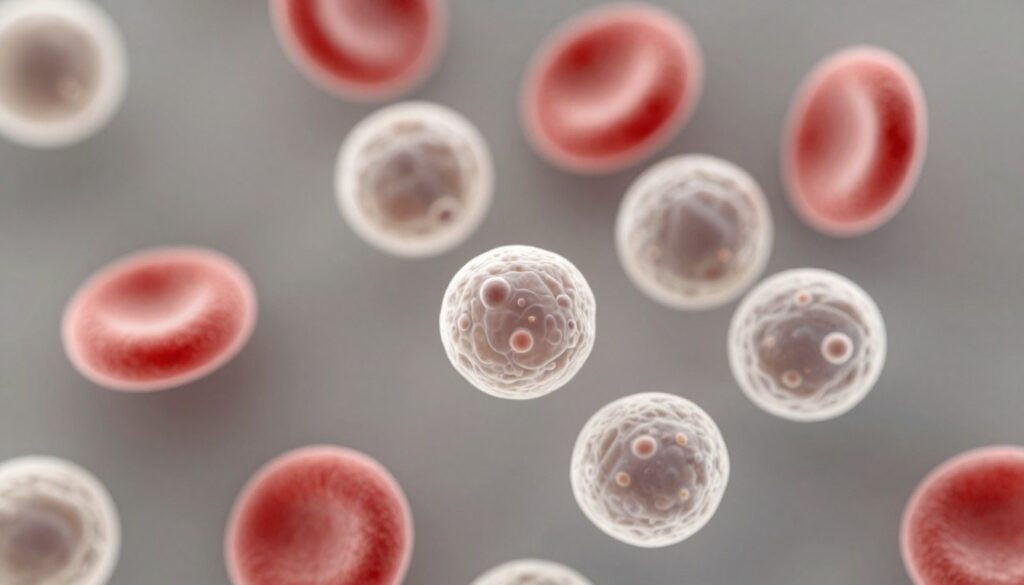 A microscopic view of immature granulocytes in human blood, showcasing their distinct morphology—larger size, a mature nucleus with a less segmented structure, and faintly visible granules. The foreground features a cluster of these white blood cells, with a sharp focus highlighting intricate cellular details. In the middle ground, blurred red blood cells create contrast against the granular background. The background illustrates a soft, muted simulation of blood plasma, adding depth to the scene. The lighting is bright and even, emulating a laboratory setting to enhance visibility of the cells. The overall mood is clinical and informative, suitable for a medical illustration, emphasizing the importance of monitoring these cells in health diagnostics. The image should be devoid of any text, labels, or distractions.