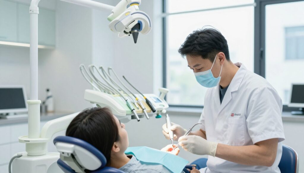 A modern dental clinic interior focusing on invasive dental techniques for treating cavities. The foreground features a dentist in professional attire, using advanced dental tools on a patient in a dental chair, both appearing calm and attentive. In the middle ground, shelves display dental equipment like drills, lasers, and X-ray machines, highlighting a state-of-the-art environment. The background consists of large windows allowing soft, natural light to illuminate the space, enhancing the bright, sterile atmosphere. The overall mood is professional and reassuring, conveying a sense of expertise and innovation in dental care. Utilize a wide-angle lens for depth, with a clean, polished aesthetic throughout the scene.