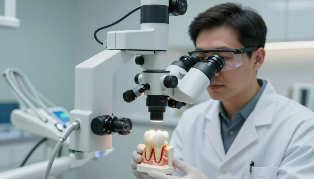 A modern dental microscope positioned prominently in the foreground, showcasing its intricate details, such as illuminated lenses and precise focal adjustments. The microscope focuses on a tooth model with visible roots and canals, illustrating the endodontic process. In the middle, a dentist in professional attire, wearing a lab coat and safety goggles, is attentively observing the tooth through the microscope with a look of concentration. The background features a well-organized dental clinic with sterile equipment and soft, ambient lighting that conveys a calm, professional atmosphere. The image is rendered with high clarity, emphasizing the technology and care involved in modern root canal treatment. The overall mood is one of expertise and advanced dental care, suitable for an informative article.