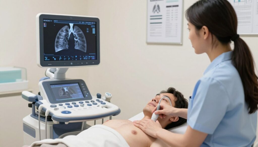 A modern medical examination room featuring a lung ultrasound setup. In the foreground, a healthcare professional, dressed in professional business attire, is using an ultrasound transducer, positioned on a patient’s chest. The medical equipment is detailed and clearly visible, showcasing the ultrasound machine's screen displaying lung images in high resolution. In the middle ground, the patient lies comfortably on an examination table, with a calm and attentive expression. The background includes medical charts and a soothing color palette that conveys a sense of professionalism and care. Soft, natural lighting permeates the room, enhancing the sterile yet welcoming atmosphere. The angle emphasizes the action of the ultrasound being applied, highlighting the technique and preparation involved in performing a lung ultrasound exam.