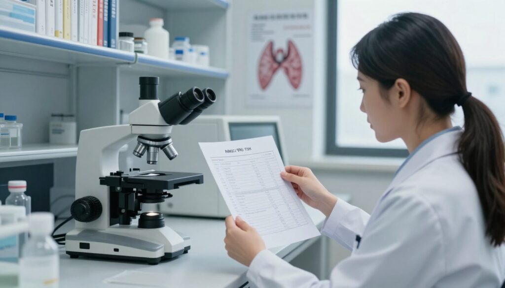 A modern medical laboratory setting focused on thyroid diagnostics. In the foreground, a professional female doctor in a white lab coat examines a thyroid test result, showing elevated anti-TPO levels and normal TSH, highlighting the analysis of thyroid function. In the middle ground, diagnostic equipment such as a microscope and blood test results on a desk emphasize the scientific aspect of the investigation. The background features a well-organized lab with shelves of medical books and charts related to thyroid health. Soft, natural lighting filters through a window, creating a calm and serious atmosphere. The scene is captured with a slight depth of field to focus on the doctor and the test results while keeping the lab context visible, conveying the importance of accurate diagnosis and interpretation in thyroid health.