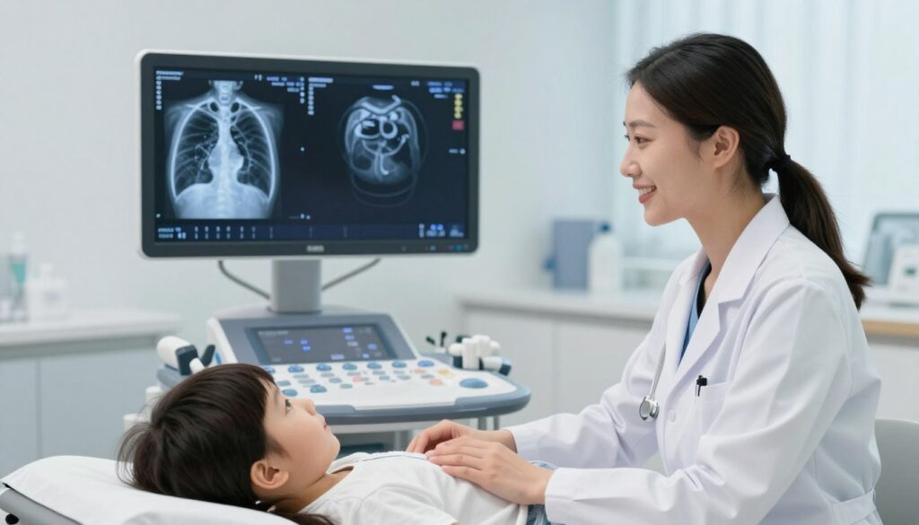 A modern medical setting featuring a high-tech ultrasound machine focused on a child's lungs. In the foreground, a pediatrician, dressed in a white coat, gently guiding a child lying on an examination table, looking calm and curious. The doctor is displaying a reassuring smile, ensuring a soothing atmosphere. In the middle ground, the ultrasound monitor shows real-time images of the child's lung structure, with subtle AI-generated overlays highlighting regions of interest and diagnostic metrics. The background includes sleek medical equipment and soft, natural lighting that enhances the professionalism of the environment. The mood is optimistic and innovative, reflecting the integration of artificial intelligence in modern imaging diagnostics, showcasing advanced technology in a caring, child-friendly context. A modern medical setting featuring a high-tech ultrasound machine focused on a child's lungs. In the foreground, a pediatrician, dressed in a white coat, gently guiding a child lying on an examination table, looking calm and curious. The doctor is displaying a reassuring smile, ensuring a soothing atmosphere. In the middle ground, the ultrasound monitor shows real-time images of the child's lung structure, with subtle AI-generated overlays highlighting regions of interest and diagnostic metrics. The background includes sleek medical equipment and soft, natural lighting that enhances the professionalism of the environment. The mood is optimistic and innovative, reflecting the integration of artificial intelligence in modern imaging diagnostics, showcasing advanced technology in a caring, child-friendly context.