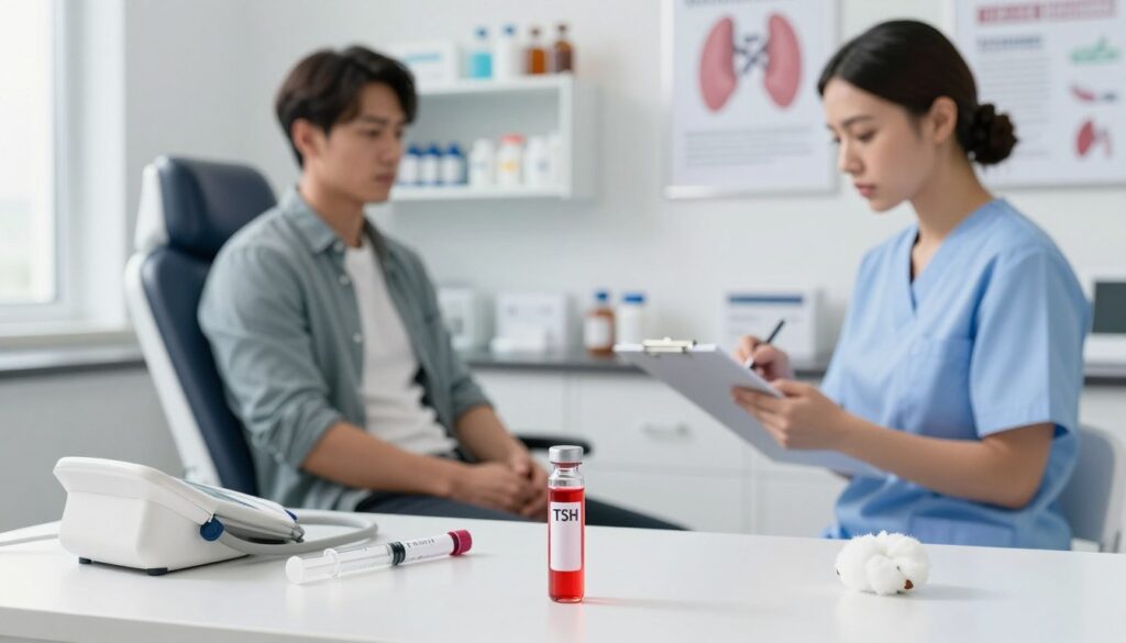 A neatly arranged medical examination scene focusing on a blood test for TSH levels. In the foreground, a clear glass vial filled with bright red blood sits on a sterile white countertop, surrounded by a blood pressure monitor, a syringe, and a cotton ball. In the middle ground, a patient in smart casual attire, looking mildly anxious, is seated on an examination chair with a professional nurse in scrubs taking notes on a clipboard. The background features a well-lit, clean medical lab with shelves lined with medical supplies and posters about thyroid function. Soft, natural lighting highlights the faces of the patient and nurse, creating a calm and professional atmosphere, emphasizing the importance of proper preparation for blood tests. A neatly arranged medical examination scene focusing on a blood test for TSH levels. In the foreground, a clear glass vial filled with bright red blood sits on a sterile white countertop, surrounded by a blood pressure monitor, a syringe, and a cotton ball. In the middle ground, a patient in smart casual attire, looking mildly anxious, is seated on an examination chair with a professional nurse in scrubs taking notes on a clipboard. The background features a well-lit, clean medical lab with shelves lined with medical supplies and posters about thyroid function. Soft, natural lighting highlights the faces of the patient and nurse, creating a calm and professional atmosphere, emphasizing the importance of proper preparation for blood tests.